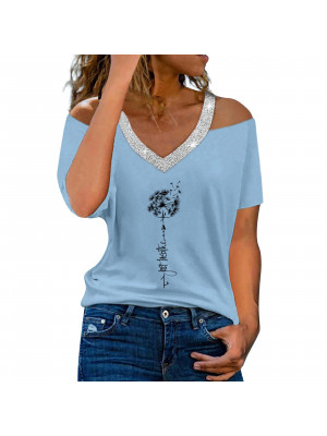 Womens Print V Neck Tops Cold shoulder Ladies Short Sleeve T-shirt Tees Blouse