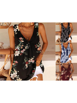 Summer Womens Floral V Neck Vest Tops Lady Button Baggy Sleeveless Tank T-shirt