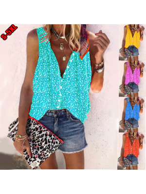 Womens Vest Print V Neck Buttons Tops Sleeveless T-shirts Ladies Tees Tank UK