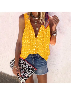 Womens Vest Print V Neck Buttons Tops Sleeveless T-shirts Ladies Tees Tank UK