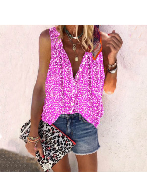 Womens Vest Print V Neck Buttons Tops Sleeveless T-shirts Ladies Tees Tank UK