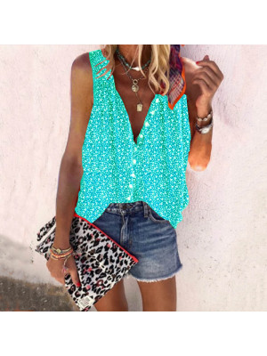 Womens Vest Print V Neck Buttons Tops Sleeveless T-shirts Ladies Tees Tank UK