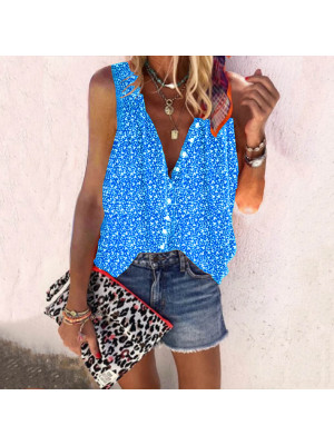 Womens Vest Print V Neck Buttons Tops Sleeveless T-shirts Ladies Tees Tank UK