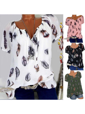 Ladies Baggy Short Sleeve T-shirt Tops Womens Summer V Neck Blouse Feather Print