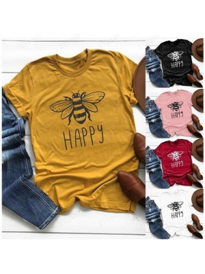 Womens Bee Print Round Neck Tops Casual Baggy T-shirt Ladies Pullover Tee Blouse