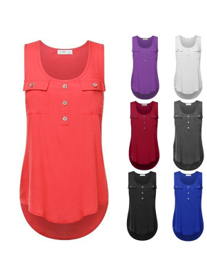 Womens Vest Plain U Neck Buttons Tops Sleeveless T-shirts Ladies Summer Tank Tee