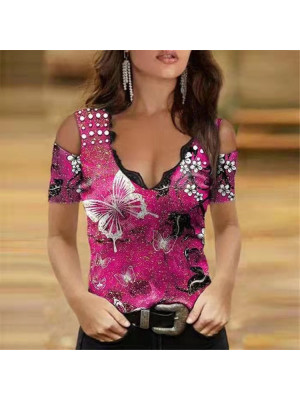 Plus Size Womens Summer Short Sleeve T Shirt Tops Tees Ladies Print Lace Blouse