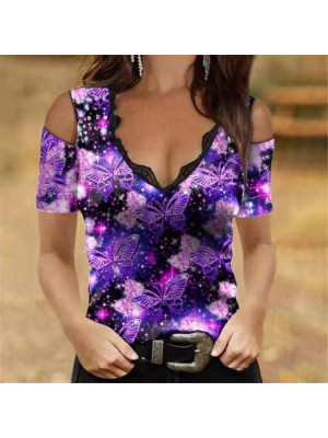 Plus Size Womens Summer Short Sleeve T Shirt Tops Tees Ladies Print Lace Blouse