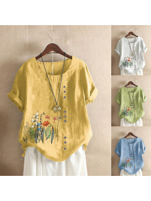 Women Ladies Short Sleeve Shirt Baggy Casual Summer Floral Blouse Tops Plus Size