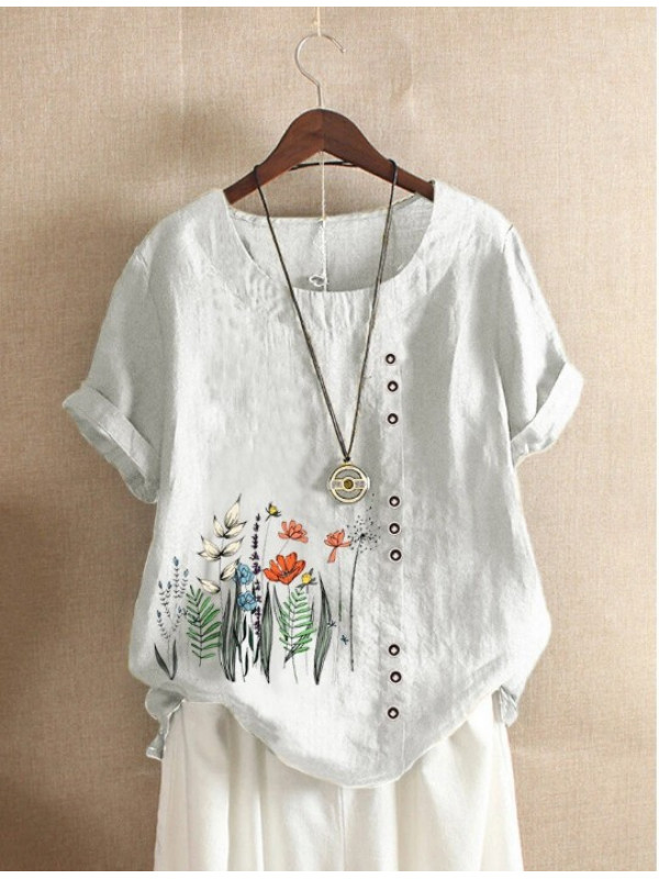 Women Ladies Short Sleeve Shirt Baggy Casual Summer Floral Blouse Tops Plus Size