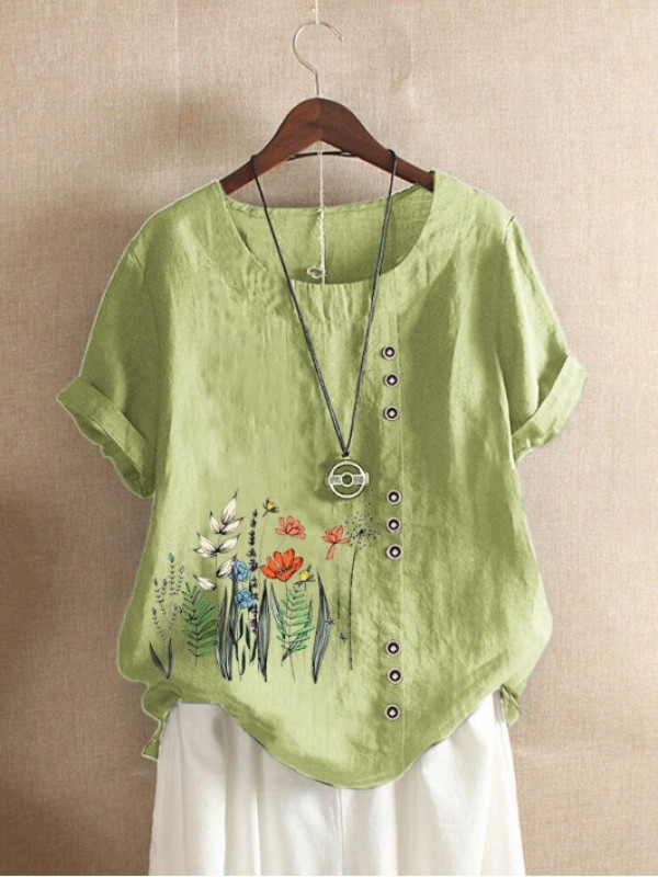 Women Ladies Short Sleeve Shirt Baggy Casual Summer Floral Blouse Tops Plus Size