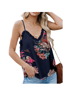 Womens Ladies Summer Cami Casual Loose Tank T-shirt Tees Floral V Neck Tops Vest