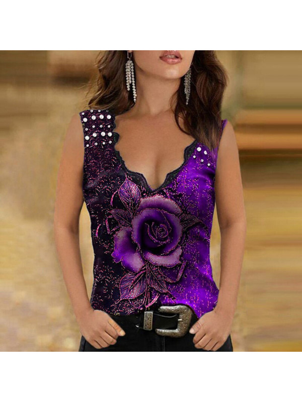 Womens Sleeveless Summer T Shirt Tops Ladies Print Vest Cami Tank Tee Plus Size