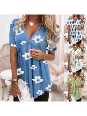 Womens Ladies Floral Short Sleeve Tops T Shirts Casual Summer Loose Tunic Blouse