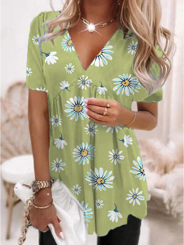 Womens Ladies Floral Short Sleeve Tops T Shirts Casual Summer Loose Tunic Blouse