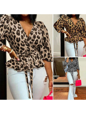 Plus Size Women Ladies Tops Shirt V Neck Long Sleeve Loose Leopard Print Blouse