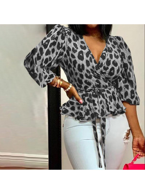 Plus Size Women Ladies Tops Shirt V Neck Long Sleeve Loose Leopard Print Blouse