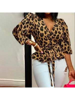 Plus Size Women Ladies Tops Shirt V Neck Long Sleeve Loose Leopard Print Blouse