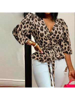 Plus Size Women Ladies Tops Shirt V Neck Long Sleeve Loose Leopard Print Blouse