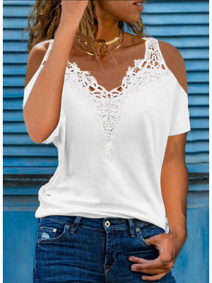 Plus Size Womens Boho Short Sleeve Ladies Blouse Lace Shirt Casual V-Neck Tops