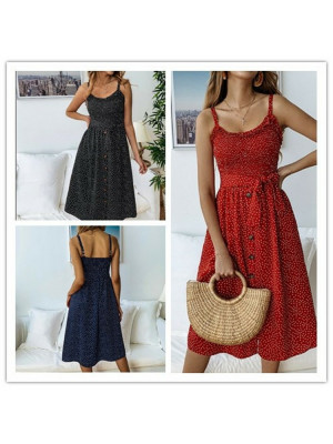 Women BOHO Shirred Strappy Polka Dot bow Summer Beach Cami Midi Sundress Dress