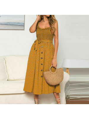 Women BOHO Shirred Strappy Polka Dot bow Summer Beach Cami Midi Sundress Dress