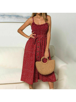 Women BOHO Shirred Strappy Polka Dot bow Summer Beach Cami Midi Sundress Dress