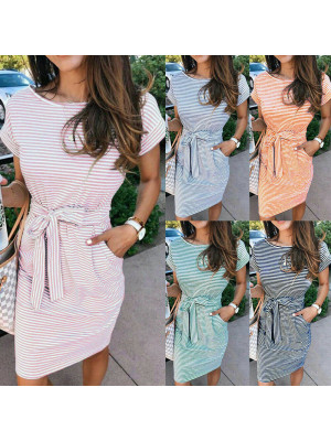 Womens Round-neck Short Sleeve Striped Belted Dress Ladies Summer Casual Midi 