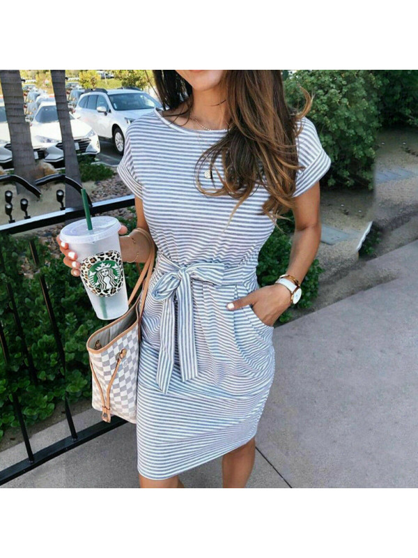 Womens Round-neck Short Sleeve Striped Belted Dress Ladies Summer Casual Midi 