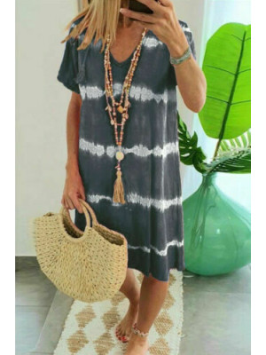 Plus Size Women Dress Sundress Tie dye Casual Striped loose T Shirt Tee Ladies