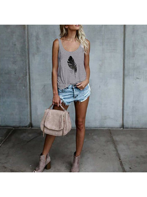 Womens Feather Printed Sleeveless Summer Vest Ladies Casual Tank Tops T-Shirt UK