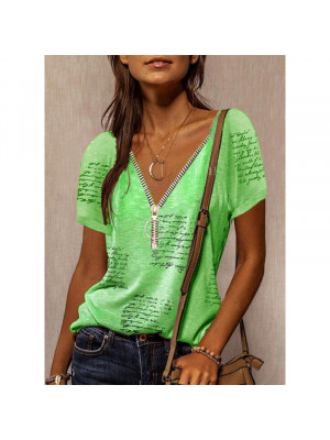 Womens Casual V Neck T Shirt Zipper Ladies Blouse Short Sleeve Loose Print Tops