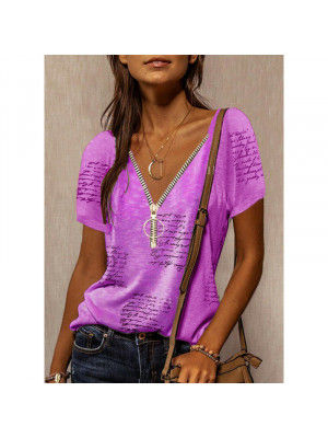 Womens Casual V Neck T Shirt Zipper Ladies Blouse Short Sleeve Loose Print Tops