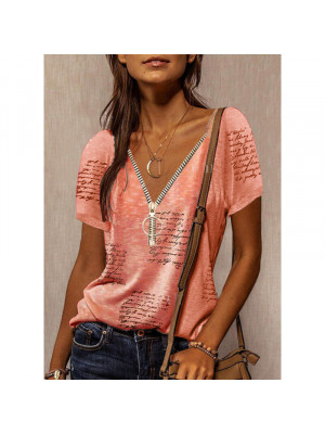 Womens Casual V Neck T Shirt Zipper Ladies Blouse Short Sleeve Loose Print Tops