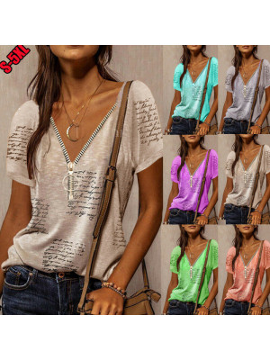 Womens Casual V Neck T Shirt Zipper Ladies Blouse Short Sleeve Loose Print Tops