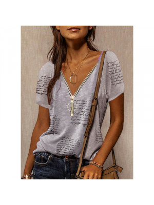 Womens Casual V Neck T Shirt Zipper Ladies Blouse Short Sleeve Loose Print Tops