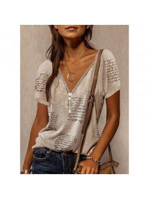 Womens Casual V Neck T Shirt Zipper Ladies Blouse Short Sleeve Loose Print Tops