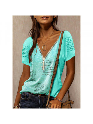 Womens Casual V Neck T Shirt Zipper Ladies Blouse Short Sleeve Loose Print Tops