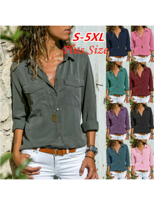 Womens Loose Buttons T-Shirt Collar Office Tops Lady Casual Pocket Blouse Shirts