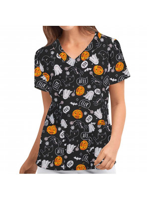 UK Womens Nursing Uniform Scrub Short Sleeve V Neck T-Shirt Halloween Nurse Tops