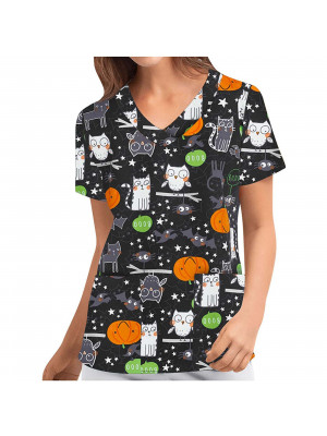 UK Womens Nursing Uniform Scrub Short Sleeve V Neck T-Shirt Halloween Nurse Tops