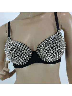 Womens Punk Goth Bra Spike Studs Rivet Studded Bralette Set Dance NightClub Tops