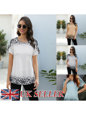 Womens Casual Gradient Leopard T-Shirt Tops Short Sleeve Blouse Summer Loose Tee