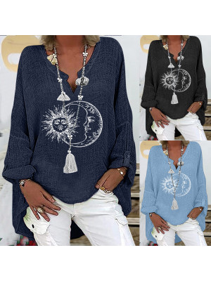 Womens Cotton Linen Blouse Tunic Lady Casual V Neck Print Long Sleeve Boho Tops