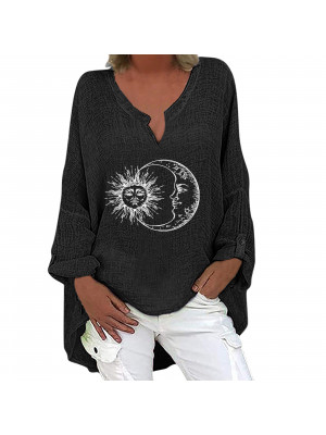 Womens Cotton Linen Blouse Tunic Lady Casual V Neck Print Long Sleeve Boho Tops