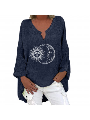 Womens Cotton Linen Blouse Tunic Lady Casual V Neck Print Long Sleeve Boho Tops