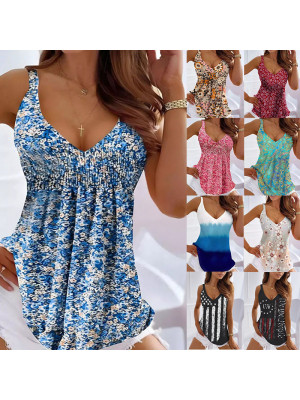 Women V Neck Floral Tank Tops Ladies Summer Holiday Casual Loose Vest T-Shirt