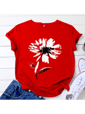 Womens T-Shirt Short Sleeve Ladies Casual Tops Floral Printed Crew Neck Tops Top