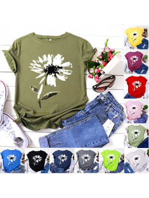 Womens T-Shirt Short Sleeve Ladies Casual Tops Floral Printed Crew Neck Tops Top