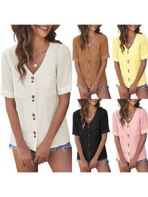 Womens Casual  V Neck Cotton Linen Tops Lady Pocket Blouse Short Sleeve T-shirt